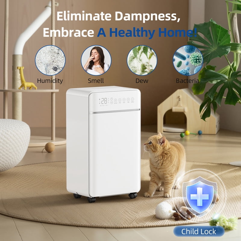 30 pt. 2000 sq.ft. Dehumidifier for Home with Bucket, Drain Hose, in White, Cloth Dry