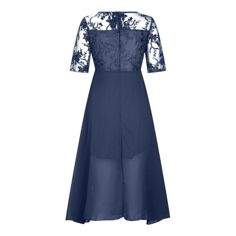 iOPQO Wedding Guest Dress Women's Tea Length Embroidery Lace Chiffon Dress  Mock Dress Prom Dress Women Fall Dresses Blue XL - Walmart.com