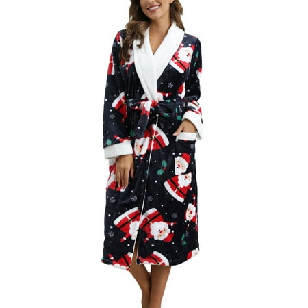 

FOCUSNORM Women Flannel Pajamas Christmas Bathrobe Santa Print Shawl Collar Belted Warm Fleece Robe with Pockets