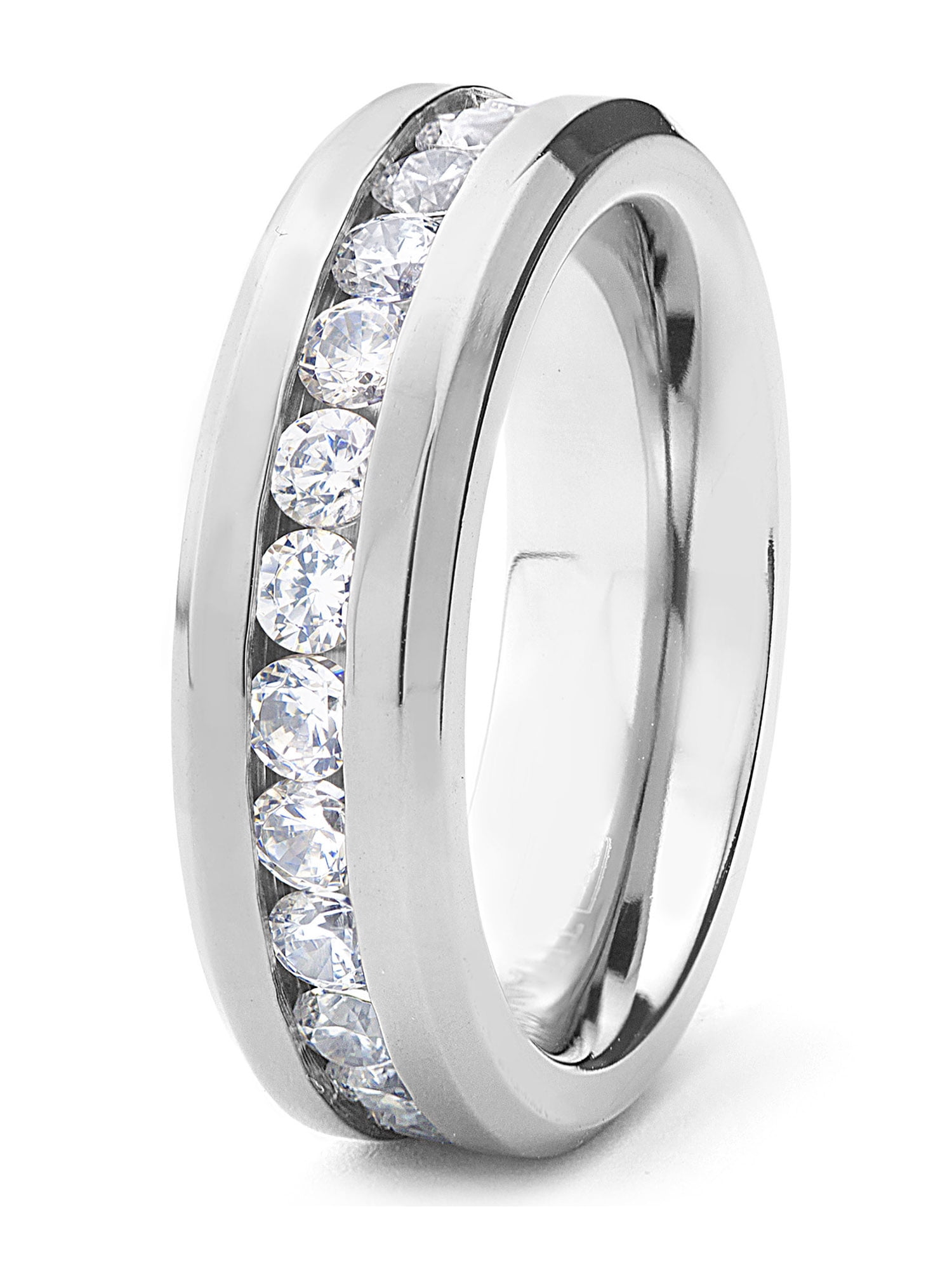 6mm Silver Stainless Steel Round Eternity White Cubic Zirconia Engagement Ring 