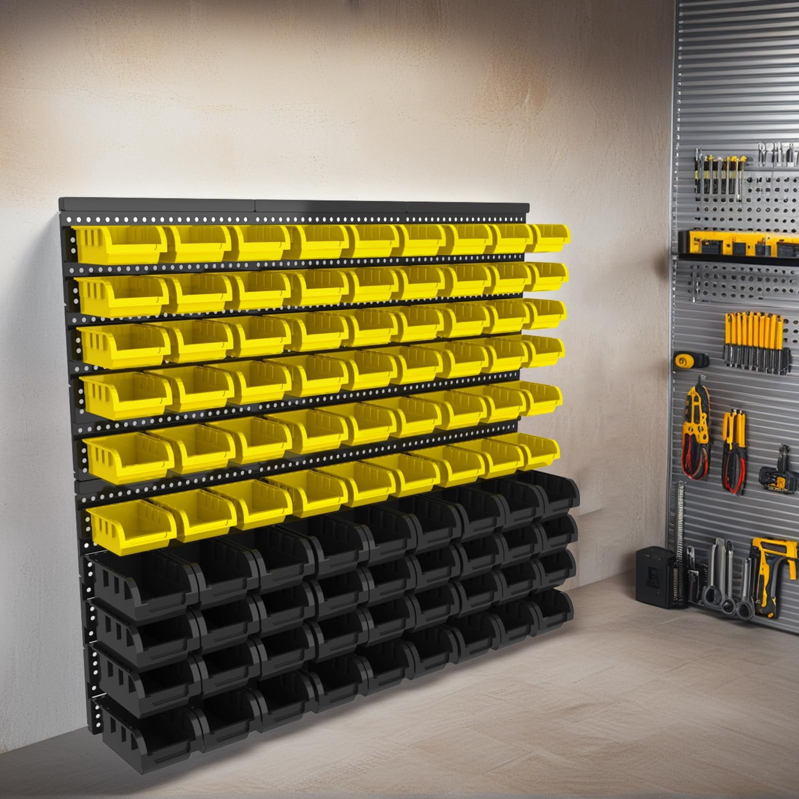 Extra Large 90PCS Wall Mounted Storage Bins Organizer, Plastic Screw & Bolt Storage Rack with Pegboard, Nut & Hardware Organizer for Garage, Workshop, Craft Room (Yellow & Black)