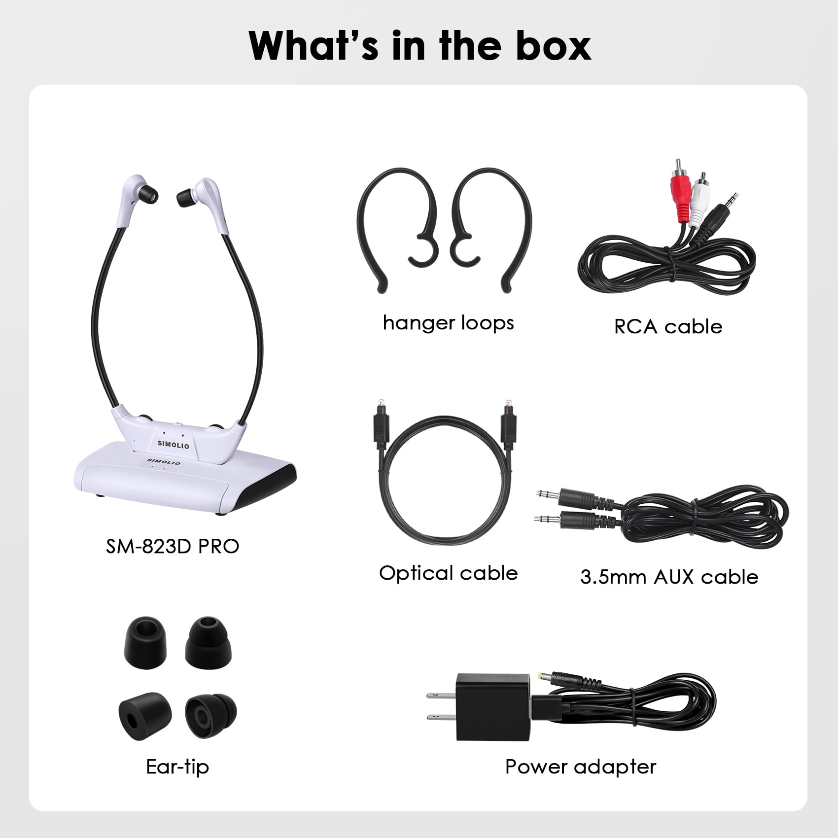 SIMOLIO 100 ft Distance Wireless TV Headphones for Digital and Analog TV, TV Listening Device for Hearing Impaired and Seniors w/Voice Highlighting,Tone Control,  SM-823DXPRO-W