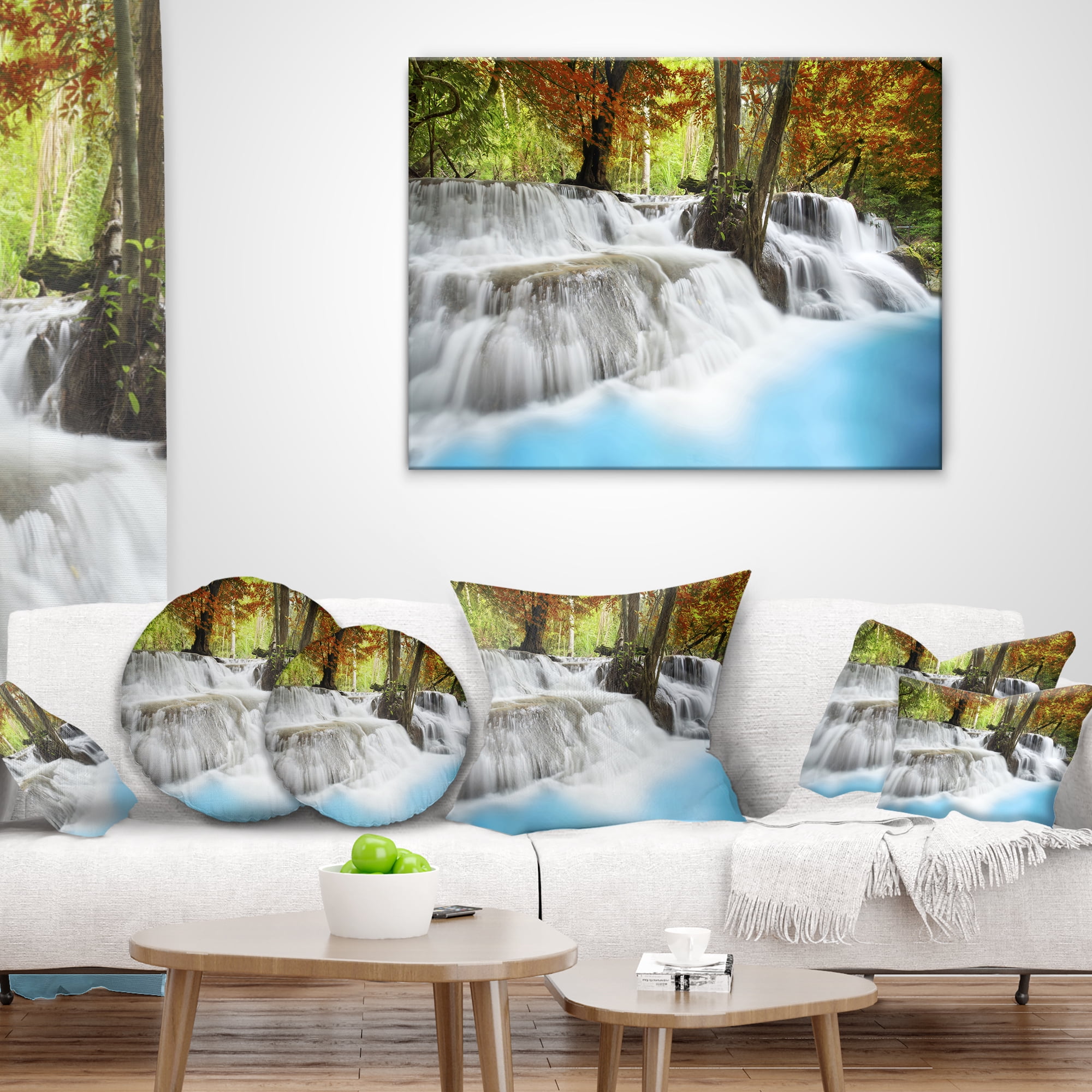 Designart Roaring Erawan Waterfall - Landscape Printed Throw Pillow - 12x20
