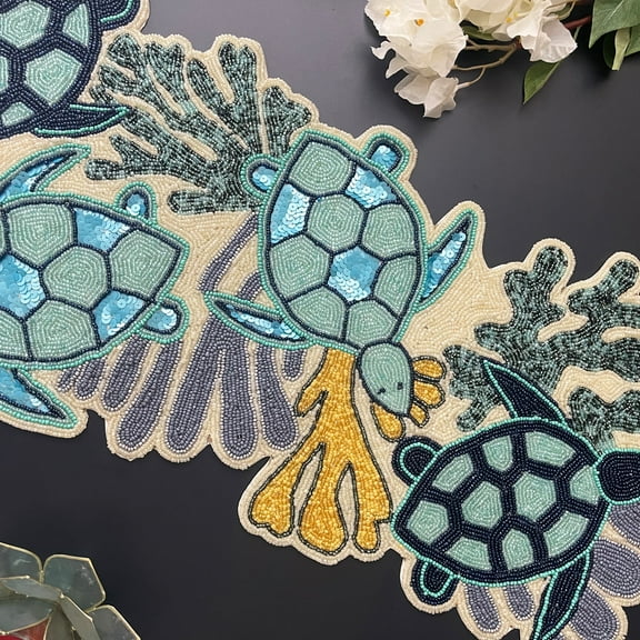 Enliven, Beaded runner, sea turtle, aqua colours, 13x36 inch