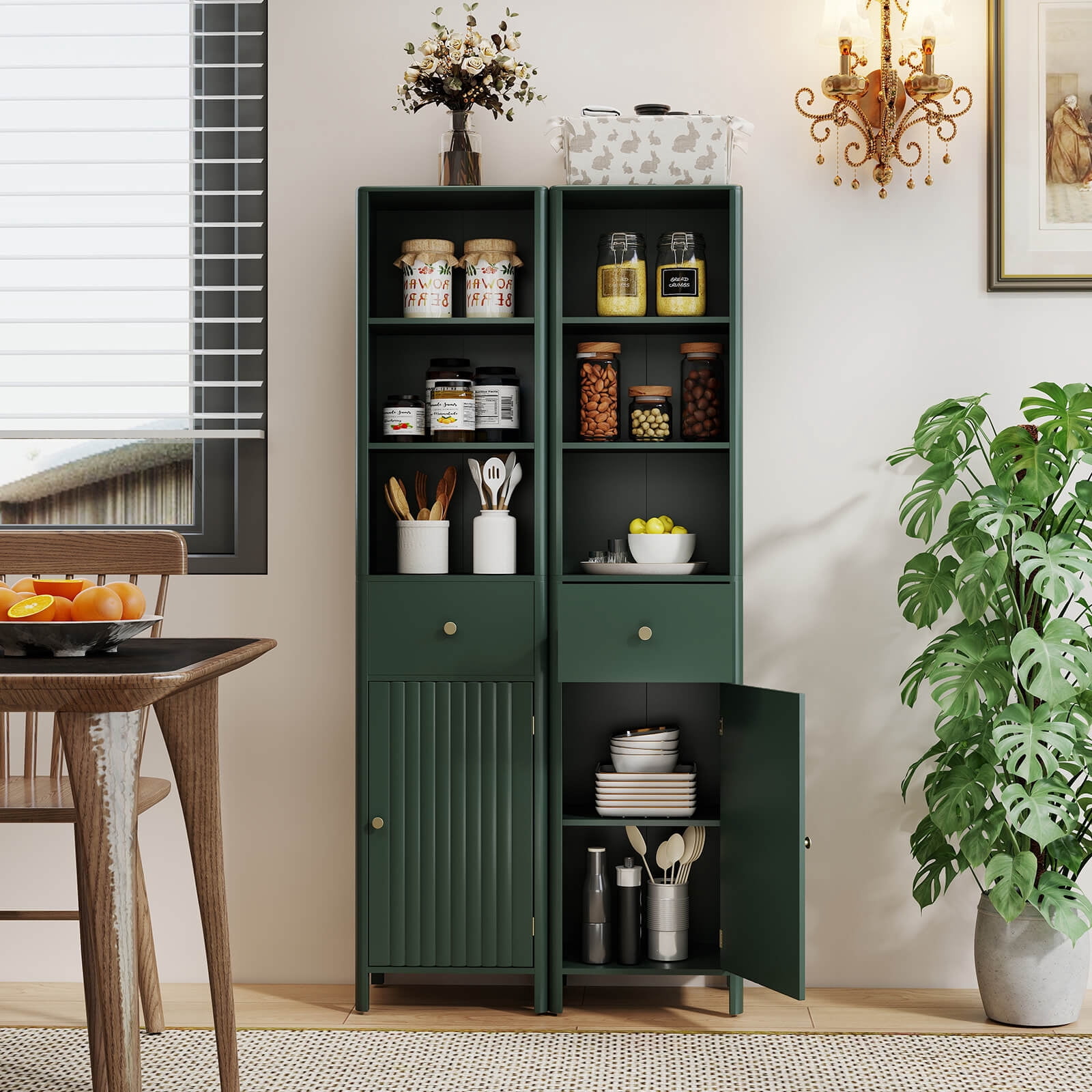 Costway 67” Tall Bathroom Cabinet with 3 Open Shelves, 1 Drawer, Adjustable Interior Shelf Green