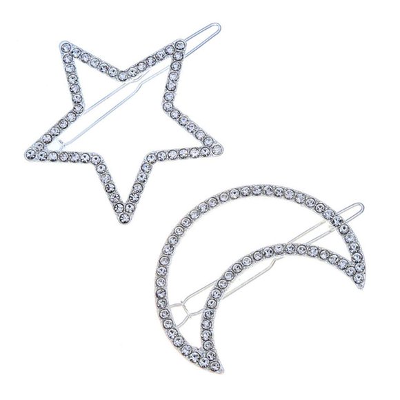 2 uds. Clip para el pelo con forma de luna y estrellas geométricas de cristal con diamantes de imitación plateados, pasadores con Clip lateral hueco para mujer, accesorios para el cabello