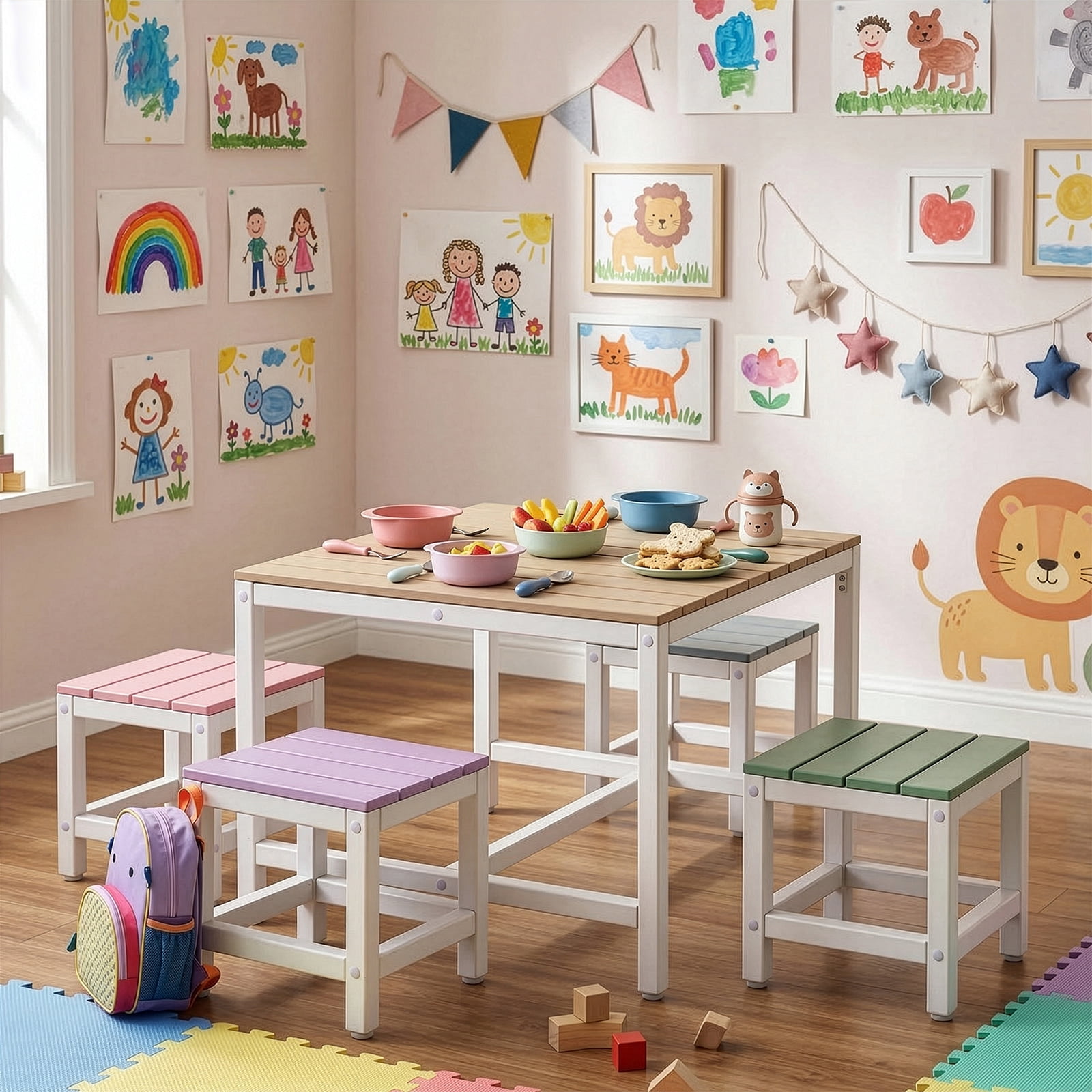 5-Piece Children'S Patio Table And Chair Set (1 Table + 4 Stools), 29.5in
