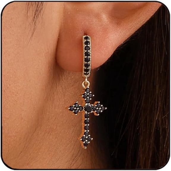 SUETOR 14K Gold Plated Black CZ Cross Dangle Earrings for Men Women, Huggie Hoop with Sparkling Black Zirconia Pendant, Hypoallergenic Ear Jewelry