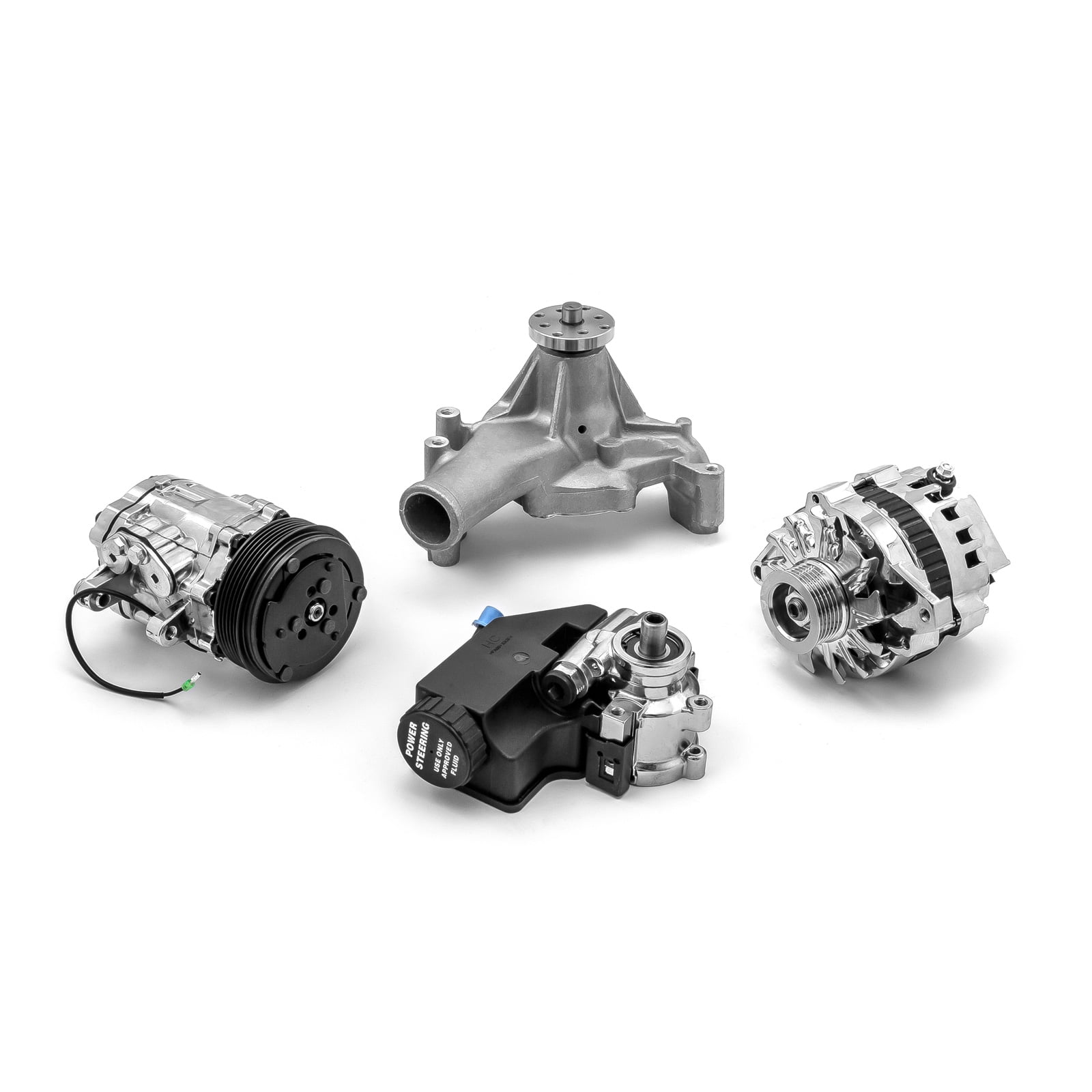Speedmaster PCE415.1051 Compatible with Chevy SBC 350 Aluminum Complete Serpentine Belt Drive System Kit w/reservoir - Polished