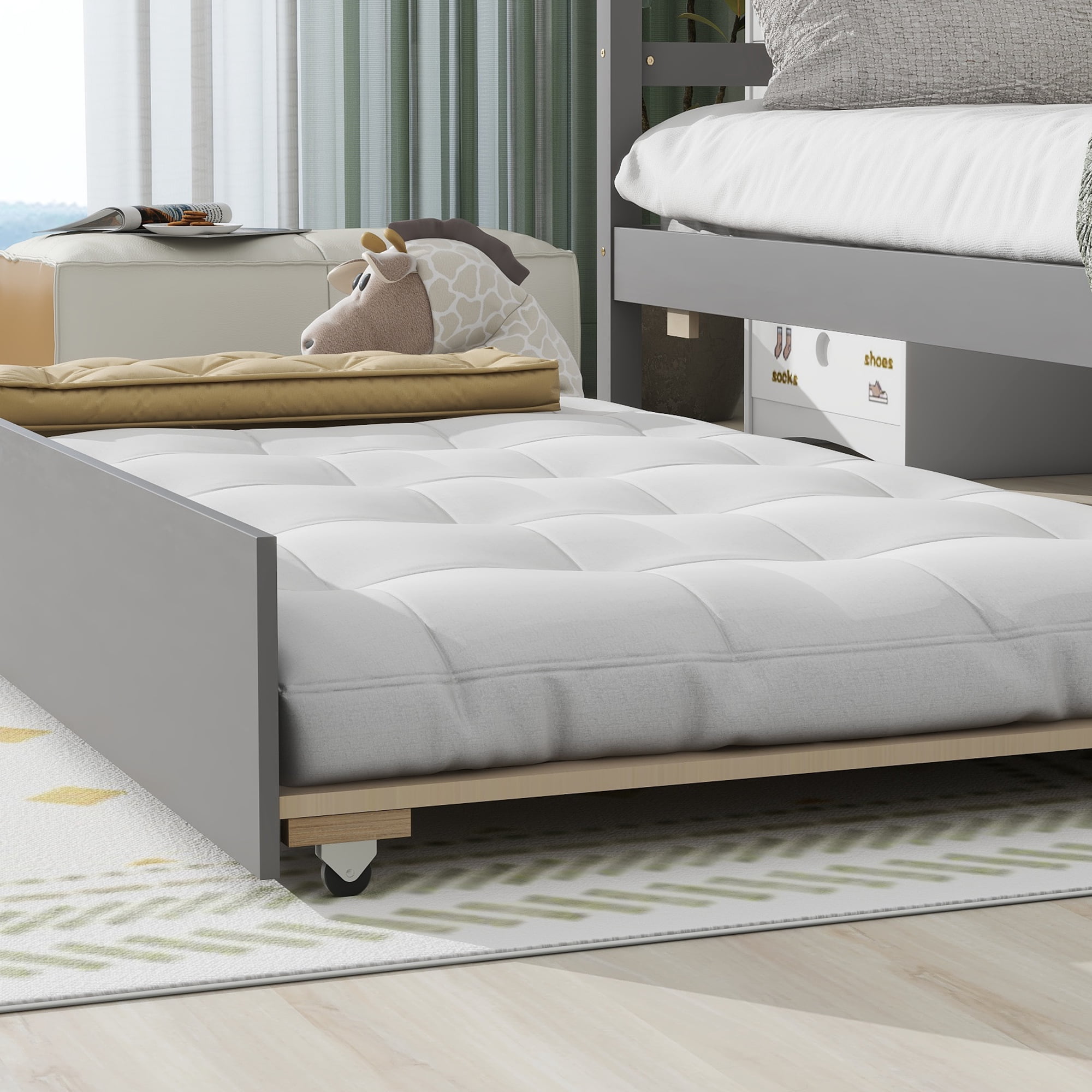 Euroco Wood House Platform Bed with Trundle for Kids Teens Room, Semi-Close House Bed with Roof, Gray