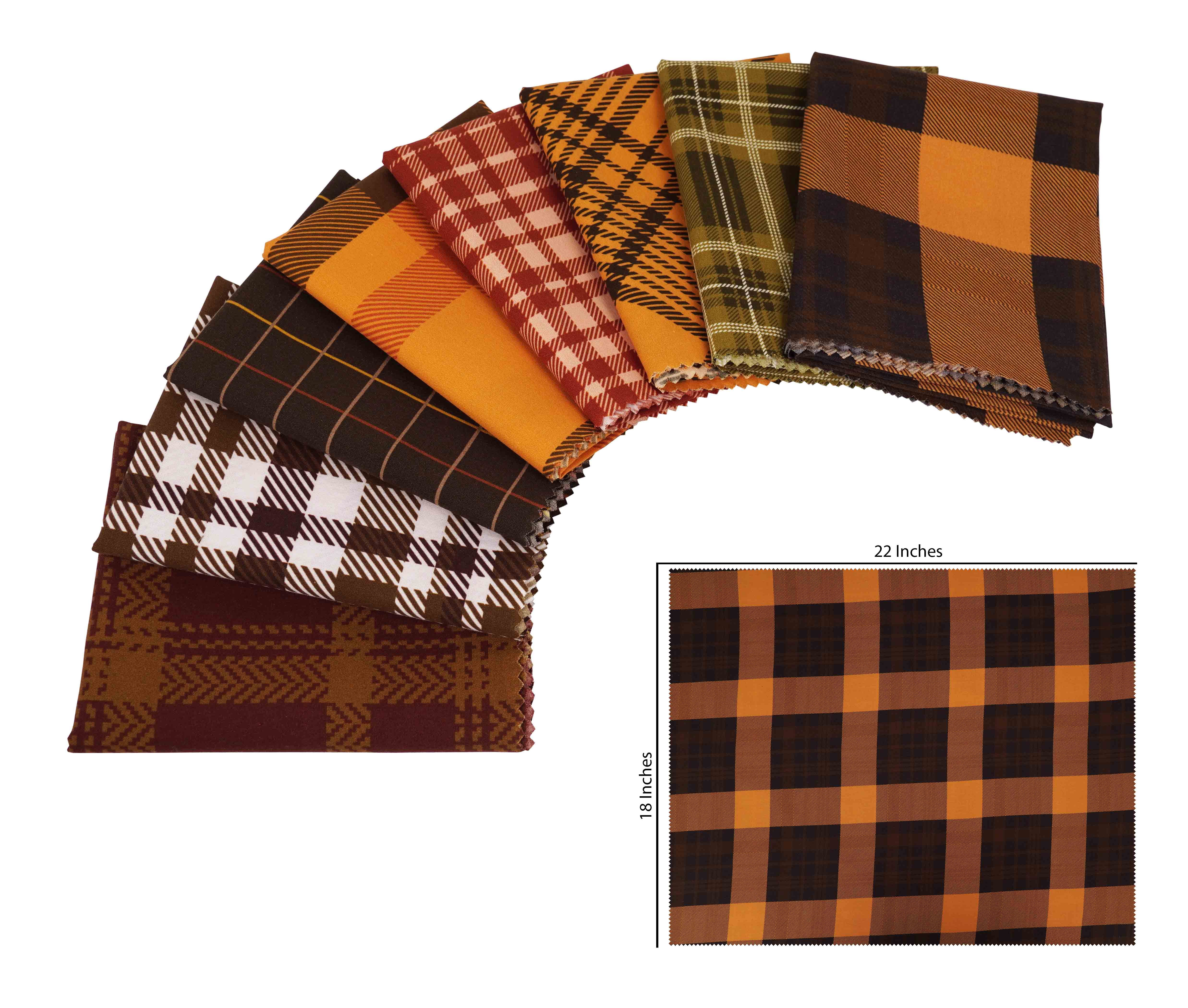Soimoi 8 Pc Fat Quarter Bundle,Check & TartanPrint 18"x 22"DIY Patchwork-100% CottonPre-Cut Quilting Fabric Orange, Black, Browns
