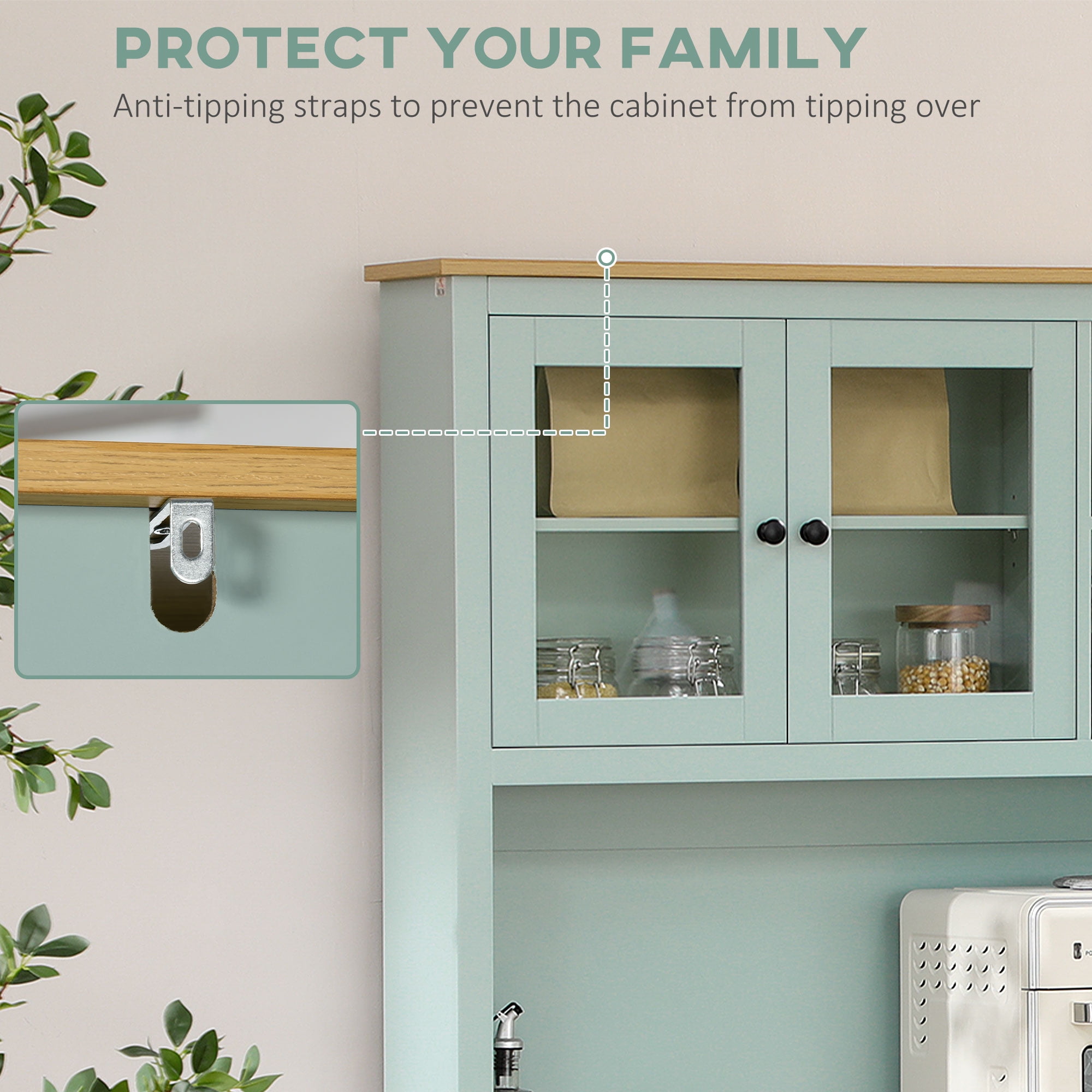 HOMCOM 71" Freestanding Pantry, Kitchen Buffet with Hutch, Modern Storage Cabinet with Drawers, Glass Doors, and Adjustable Shelves, Light Green