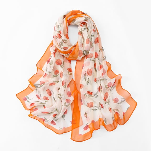 suxuMhao Chiffon Scarf, Lightweight Printed Sheer Scarf with Floral Print, Soft Breathable Summer Scarf, 59 Inches, 1 Piece, Orange White, Elegant Versatile Daily Wear Accessory