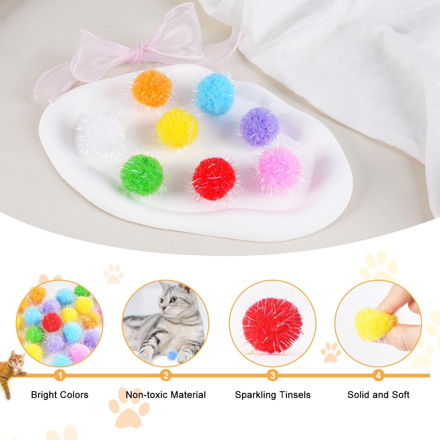 60 Pcs Cat Pom Pom Balls, Interactive Cat Toys, Sparkle Balls for Cats, Extra Large and Fuzzy for Exercise and Entertainment, Multicolor, 1.5 Inch