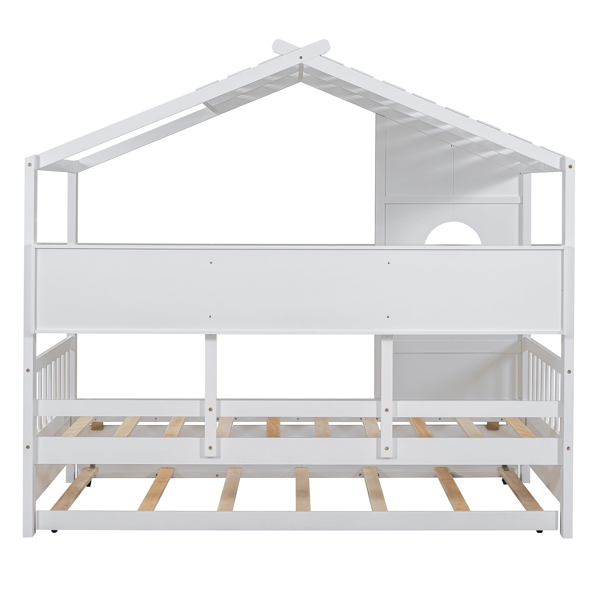 Harper & Bright Designs Wooden Twin Size House Bed Frame with Trundle and Storage Shelves, House-Shaped Beds with Roof and Window Design for Girls Boys Bedroom, White