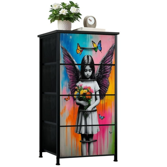 Boho Dresser for Bedroom with 4 Storage Drawers Butterfly Girl Street Pop Art Vintage Kids Aesthetic Girl Flowers Dressers Chest of Drawers Steel Framed Fabric Closet Organizers for Entryway