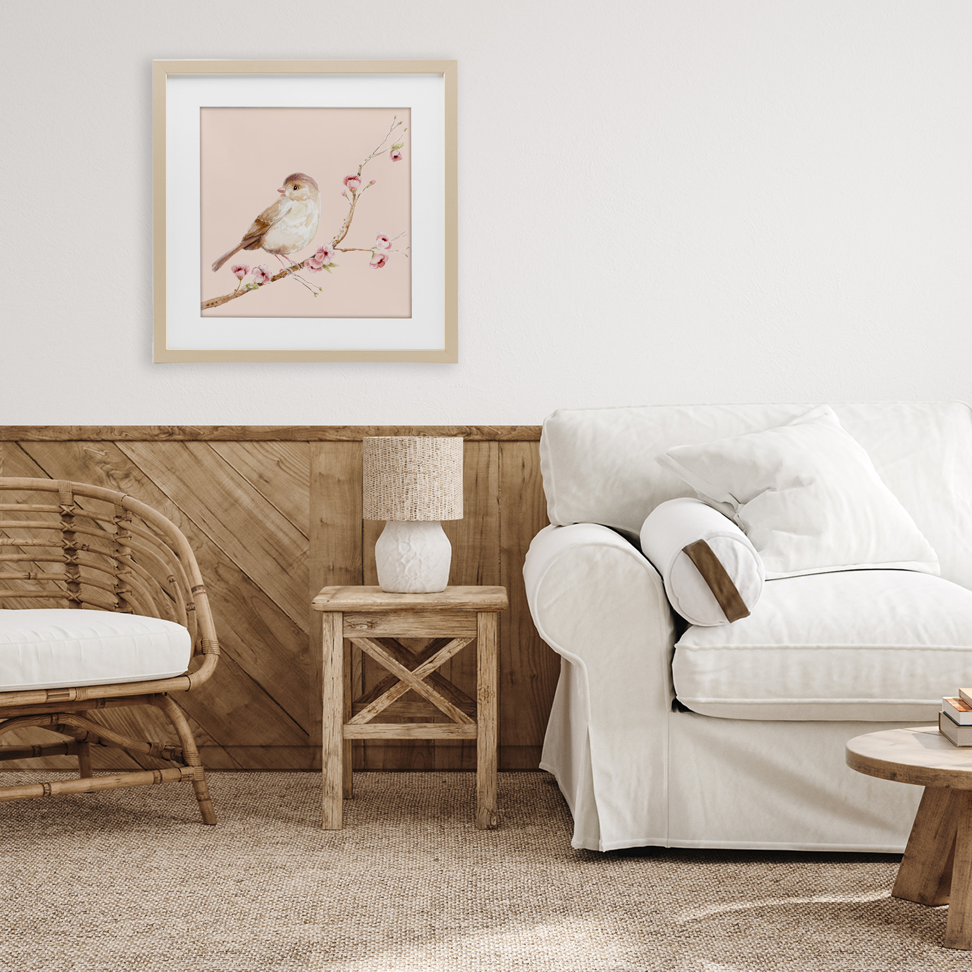 Sweet Brown Bird Perched Birch Framed Print Under Glass, design by Lisa Wehmeyer
