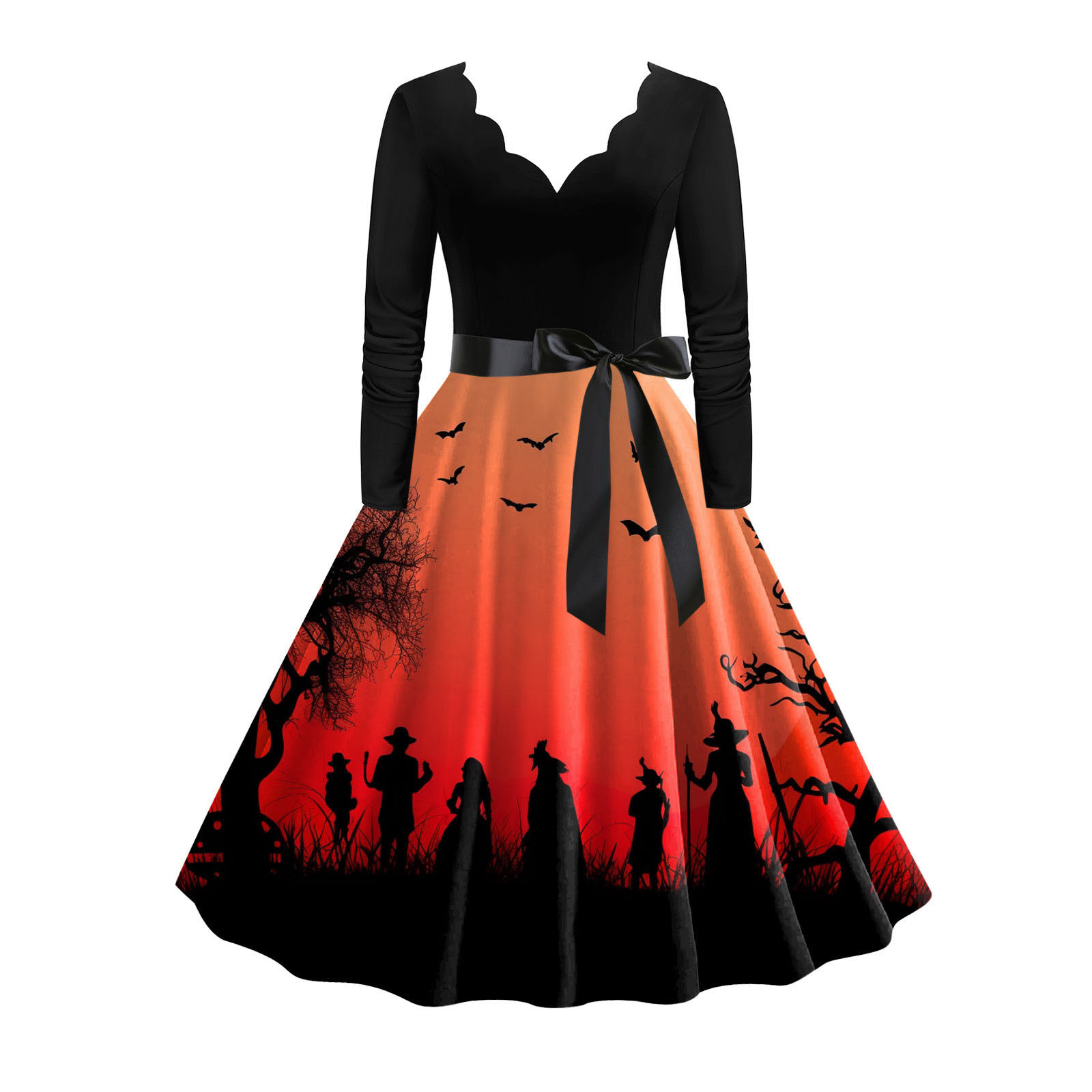 Robe Déguisement Halloween Femme - Style Robe Swing Imprimée, Manches Longues, Col Rond - Pour Fête Costumée, Soirée Cocktail Ou Bal