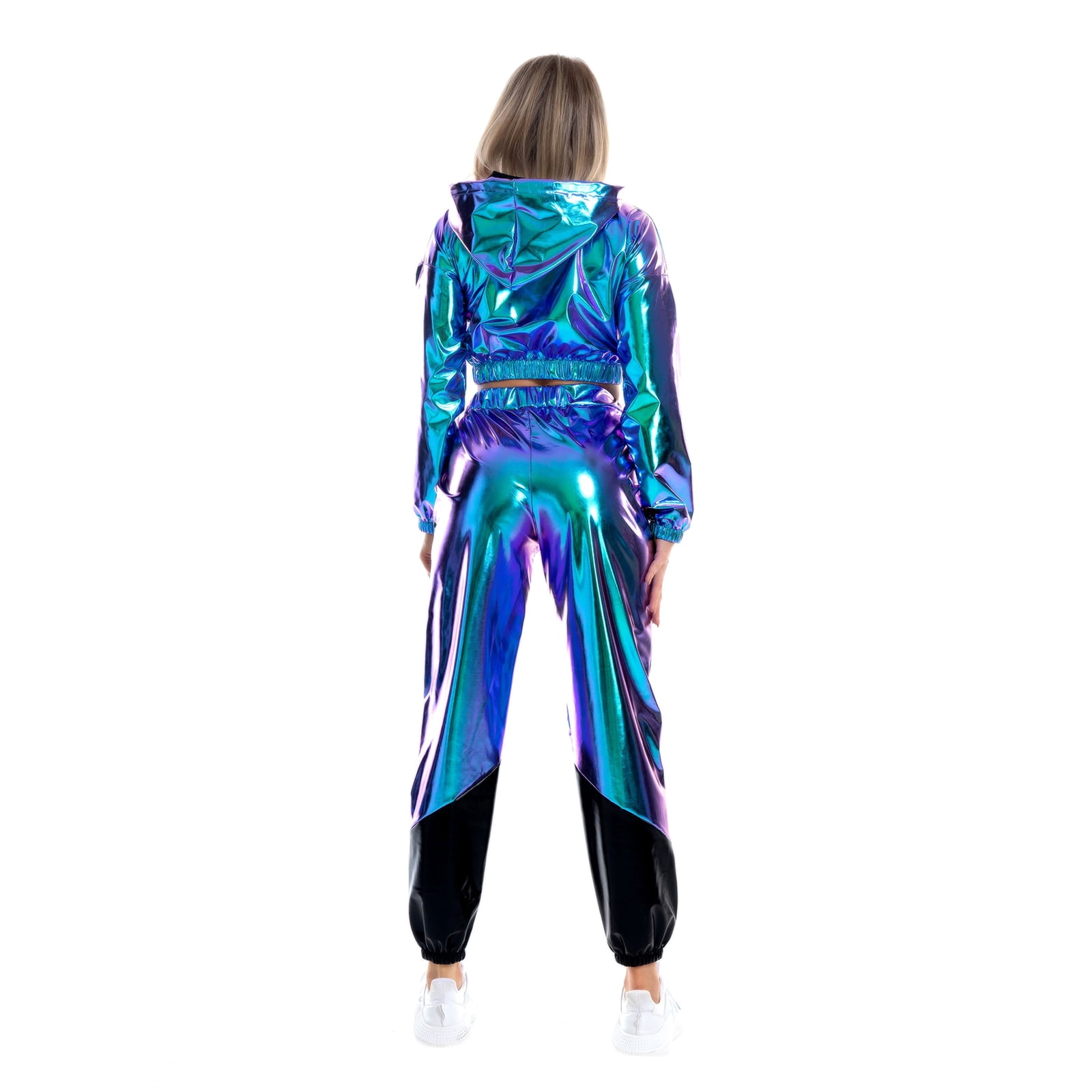 IBTOM CASTLE Women's Rave Outfit Shiny Crop Top Hoodie Casual Long Pants Hooded Workout Sweatshirt Dance Clubwear XL Holographic Blue