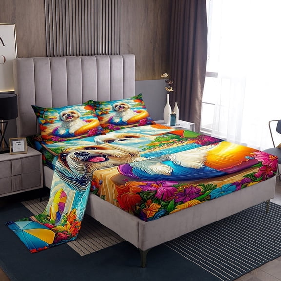 Erosebridal Animal Dog Sheet Set Twin,Tropical Flower Bedding Sets Twin Size,Ocean Beach Twin Sheet Sets,Breathable Teenager Bedroom Decor,3pcs