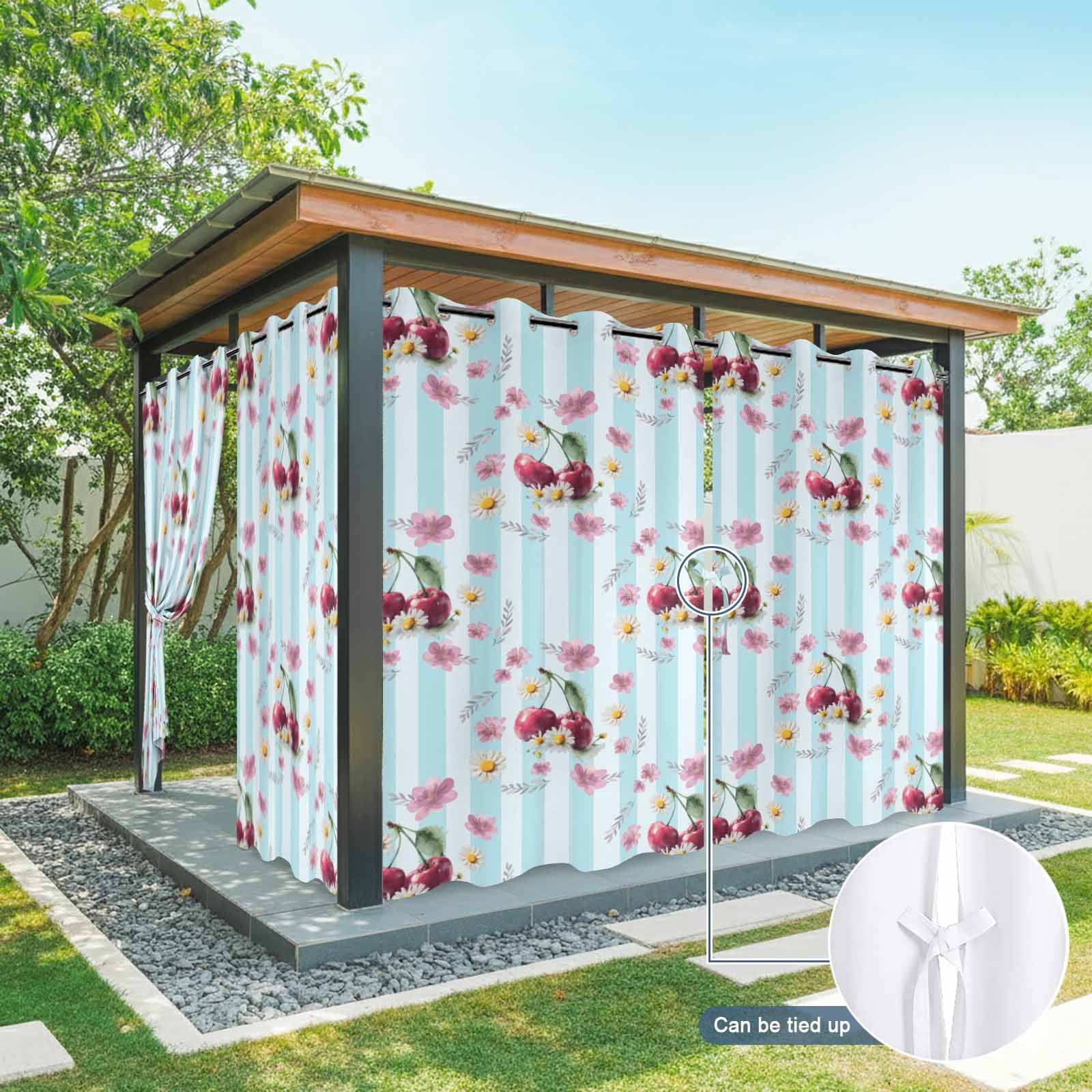 Red Cherry Outdoor Curtains for Patio, Country Farmhouse Pink Flower Leaf Blue Stripe Sunshade Privacy Drapes Grommet Waterproof Outside Curtains for Porch/Cabana/Balcony 54"x 108", 1 Panel