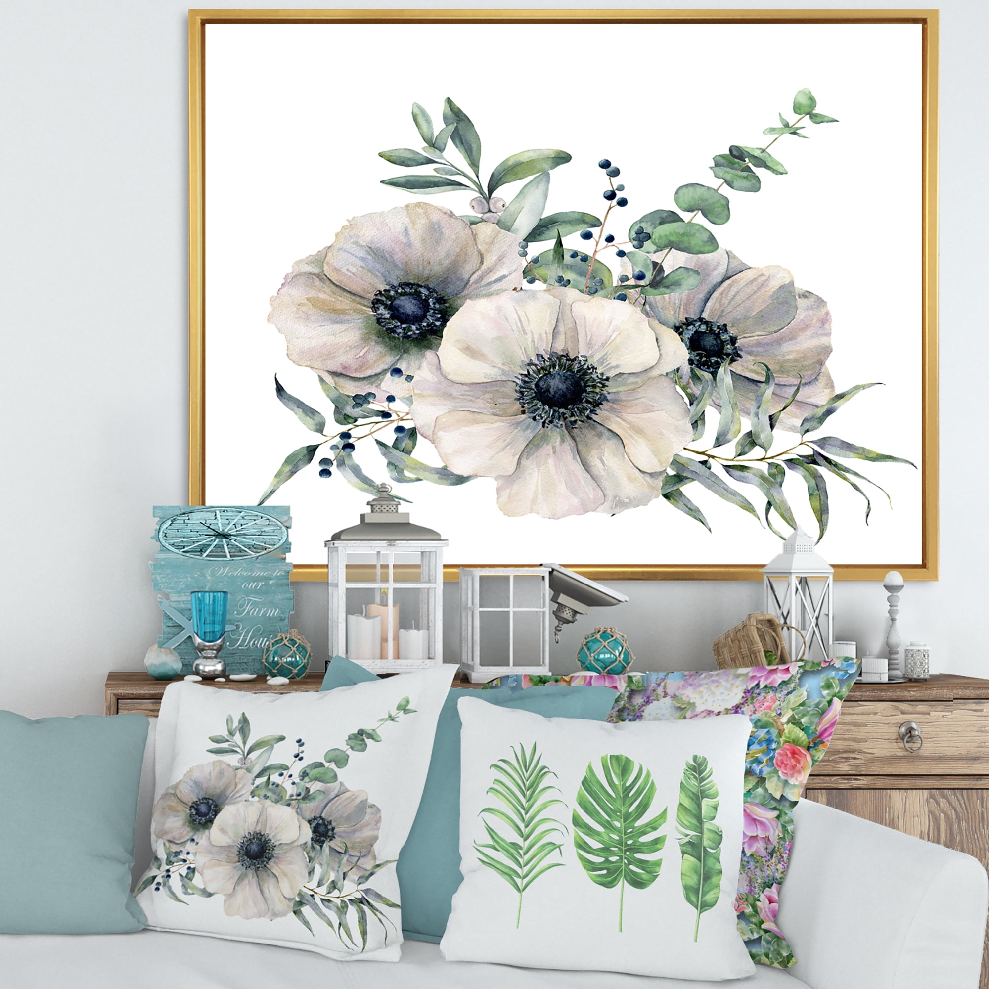 Eucalyptus Leaves With White Anemone Bouquet 20 in x 12 in Framed Painting Canvas Art Print, by Designart