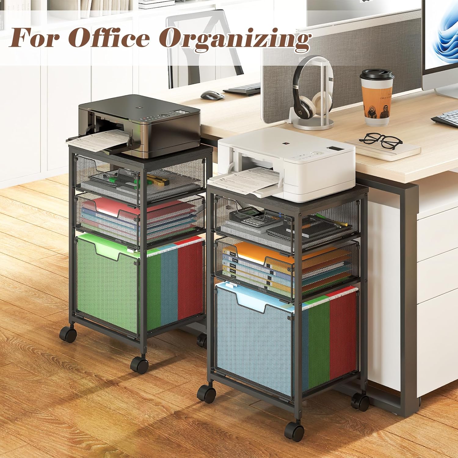 Rolling File Cart with 3 Drawers, Mobile Filing Cabinet for Home Office, Under Desk Storage Organizer with Wheels, Hanging Folder Holder Utility Cart Printer Stand, Black