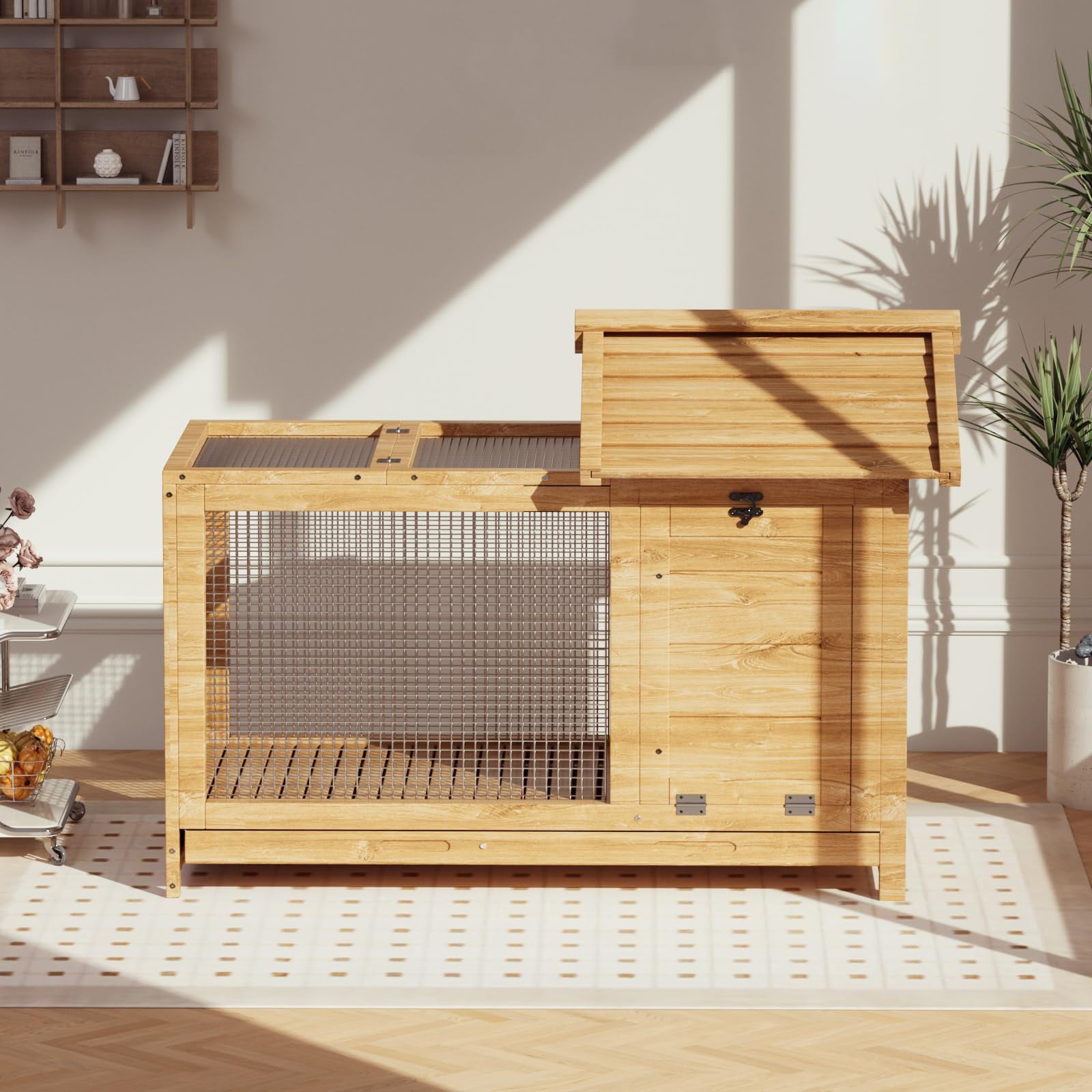 MAROUTE Weatherproof Wooden Small Animal Cage for Rabbits, Guinea Pigs, Chickens – 2-Story Hutch with Ramp & Wheels, Leak-Proof Removable Tray, Anti-Chew Metal Frame, Asphalt Roof – Easy Clean