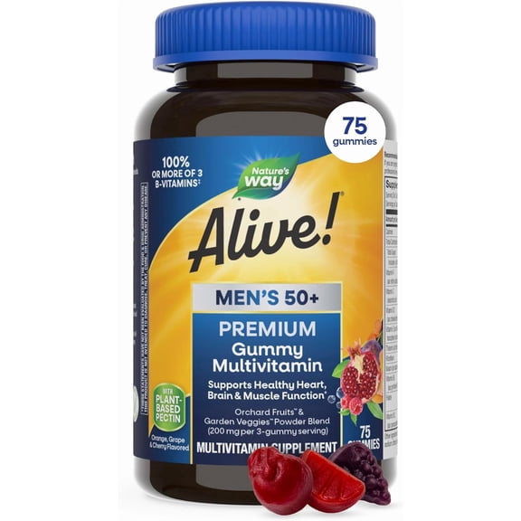 Nature’s Way Alive! Men’s 50  Premium Gummies, 15 Vitamins and Minerals, Grape, Orange and Cherry Flavored Gummies, 75 Gummies