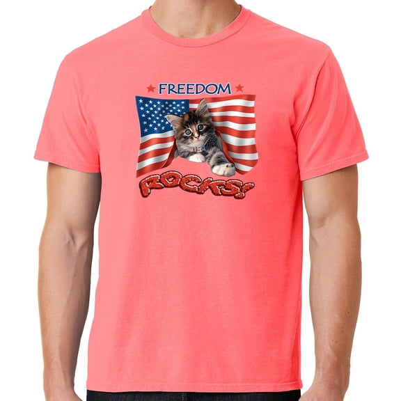 Mens Freedom Rocks Patriotic Kitten Cotton Tee Shirt, XL Neon Coral
