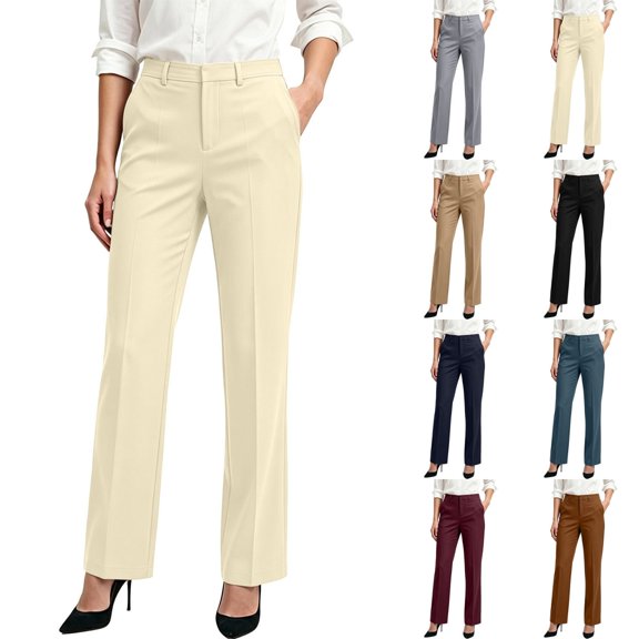 Qingpeng Womens High Waist Solid Suit Pants Side Pockets Straight Bootcut Business Office Formal Trousers for Work Daily Wear
