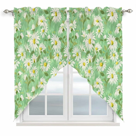 Green Daisy Floral Swag Curtains for Living Room/Bedroom, Spring Watercolor Flower Leaf Plant Swag Kitchen Curtain Valances for Windows, Tier Topper Scalloped Curtain 2 Panels, 72"W x 36"L