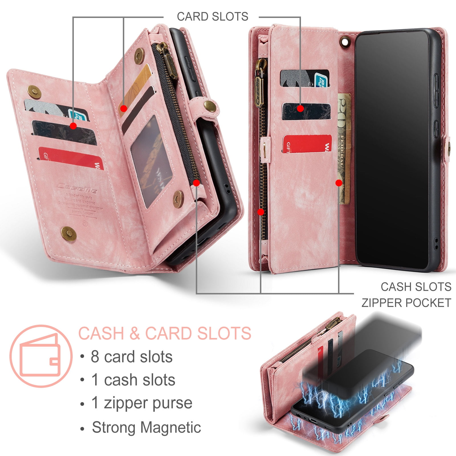 Feishell Durable 2- In-1 Magnetic Detachable Wallet Case for Samsung Galaxy A52 4G/5G,for Women Men,Premium PU Leather Zipper Pocket Flip Multi Card Slots Purse Phone Case with Wrist Strap,Pink