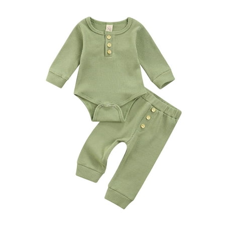 

Qiylii 2Pcs Toddler Outfits O-Neck Long Sleeve Romper + Buttons Pants