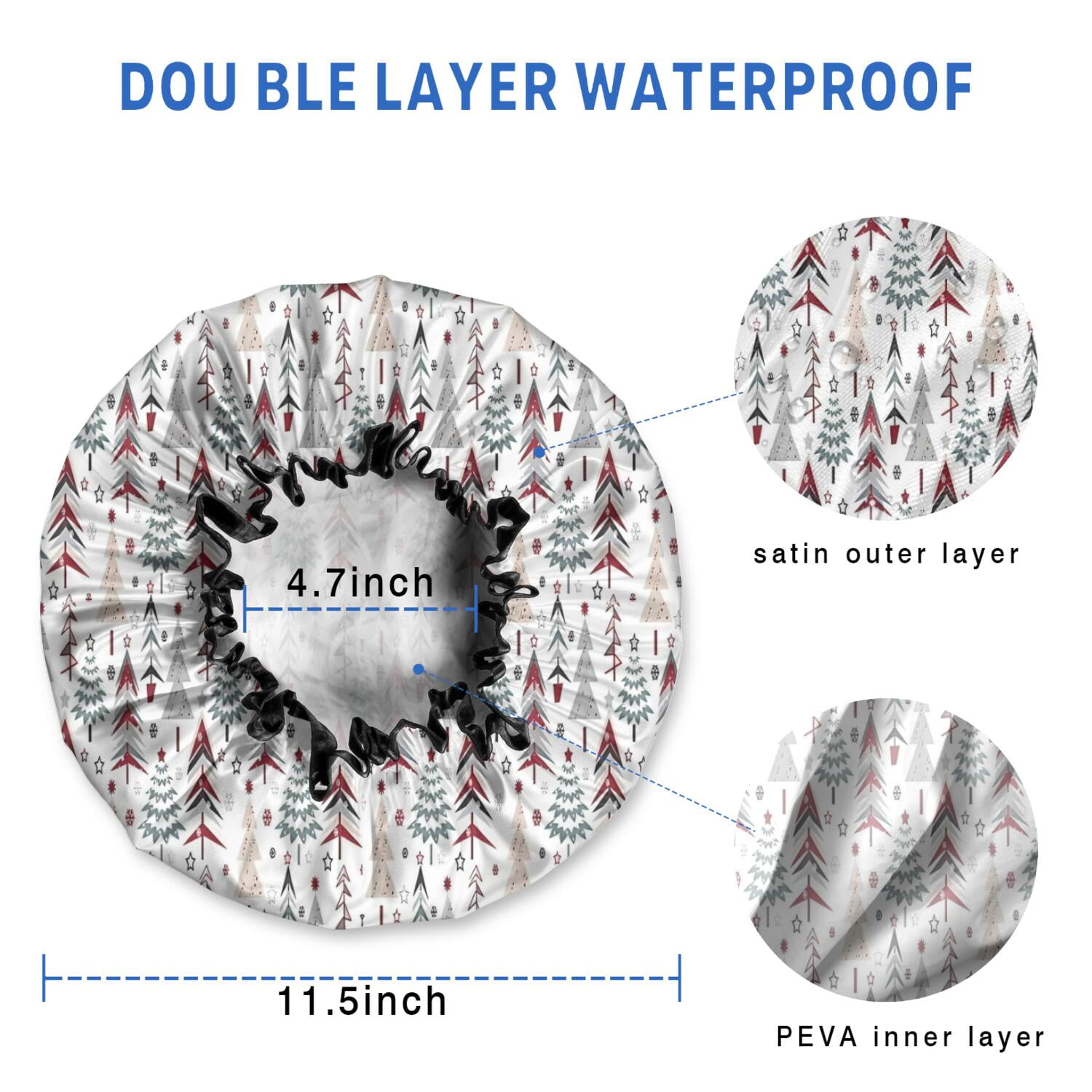 Shower Caps,White Christmas Tree Pattern Waterproof Shower Cap for Women 4 Pieces,Double Reusable Hair Cover for Shower PEVA Elastic Stretch Hem