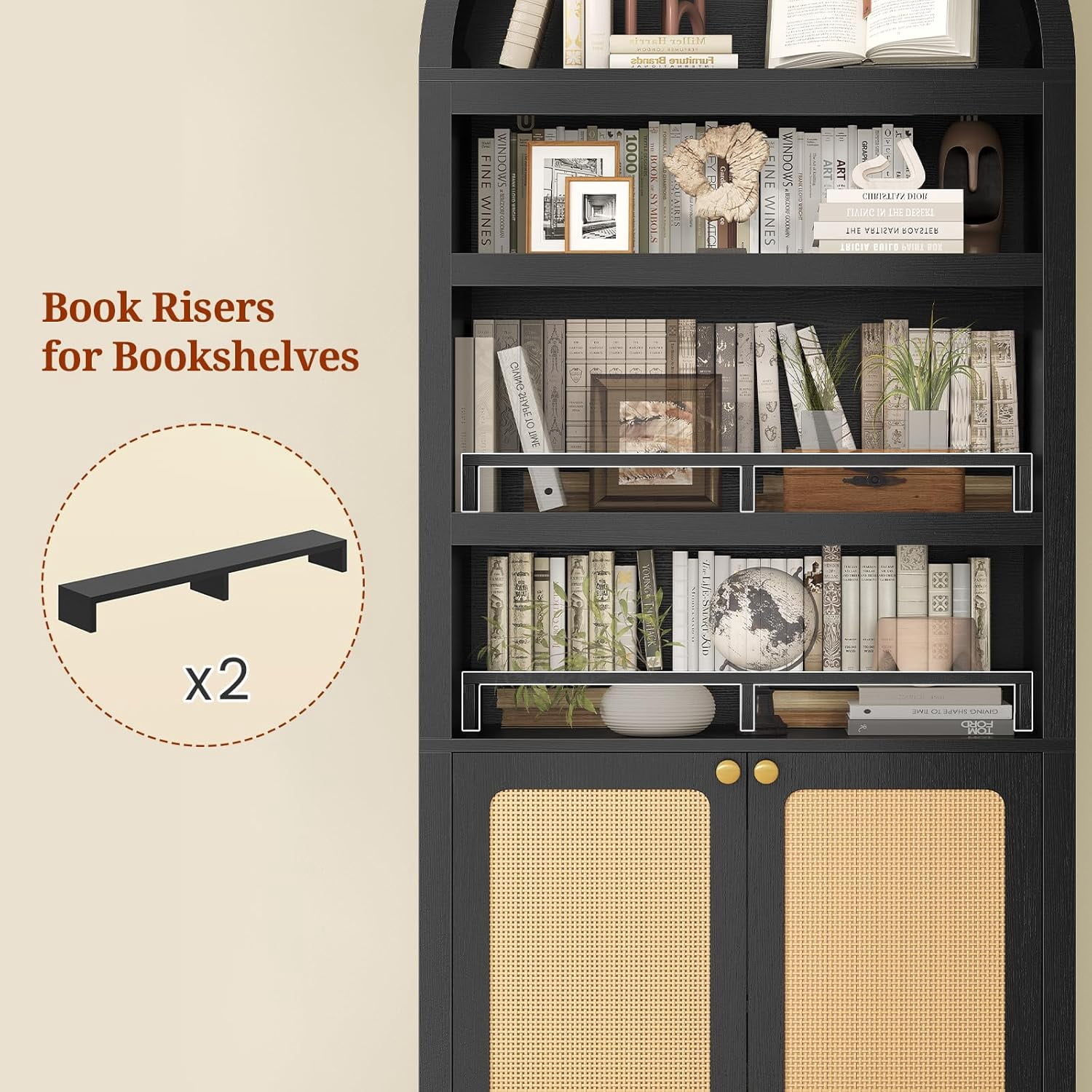 81" Tall Arched Kitchen Pantry Storage Cabinet, 6-Tier Bookcase with 2 Doors for Living Room, Kitchen, Home Office, Black+Oak