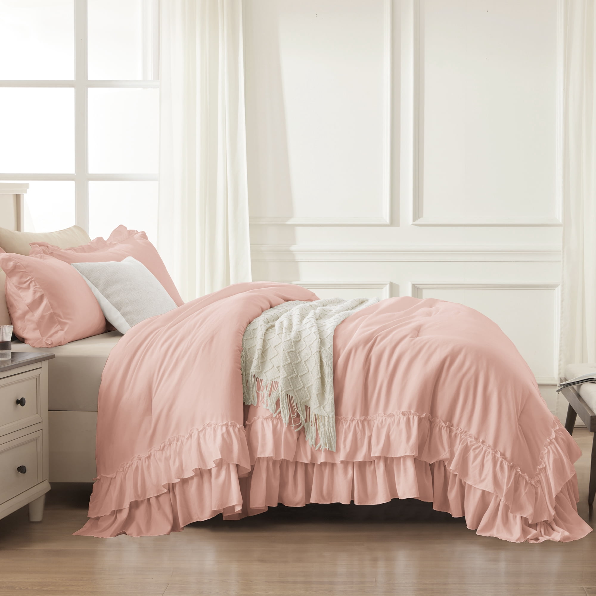 ANGENIA Ruffle Comforter Set Queen Size, 3 Pieces Blush Soft Fluffy Ruffled Bedding Comforter Sets for Queen Bed, Farmhouse Shabby Chic Bed Set for All Season