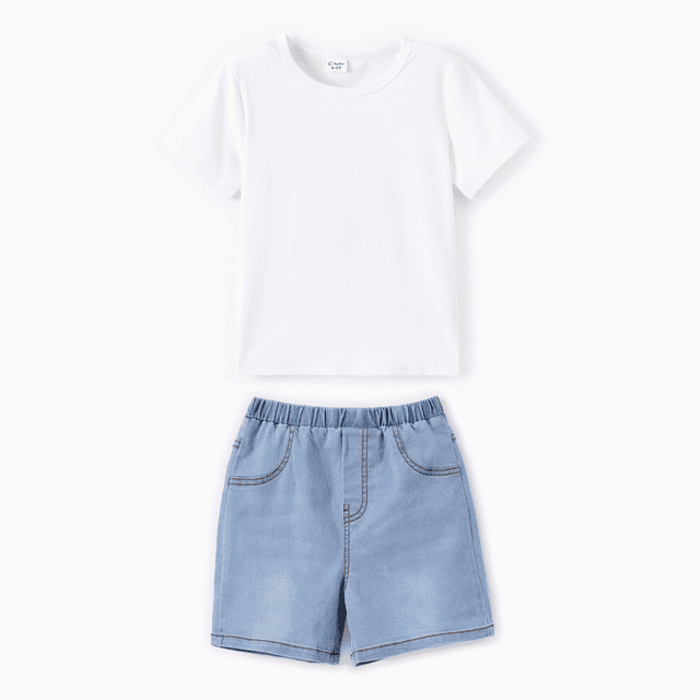 PatPat Toddler/Kid 2pcs Cooling Denim Solid Tee and Shorts Set