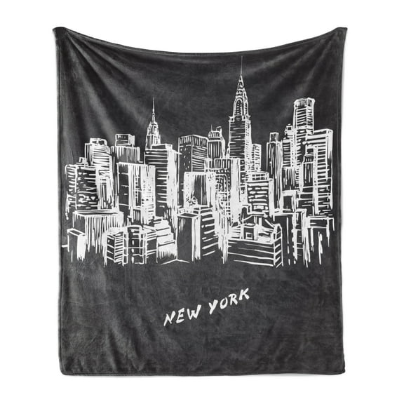 NYC Soft Flannel Fleece Throw Blanket, Modern and Metropolitan Hand Drawn City Buildings New York Calligraphy, Cozy Plush for Indoor and Outdoor Use, 60" x 80", Charcoal Grey and White, by Ambesonne