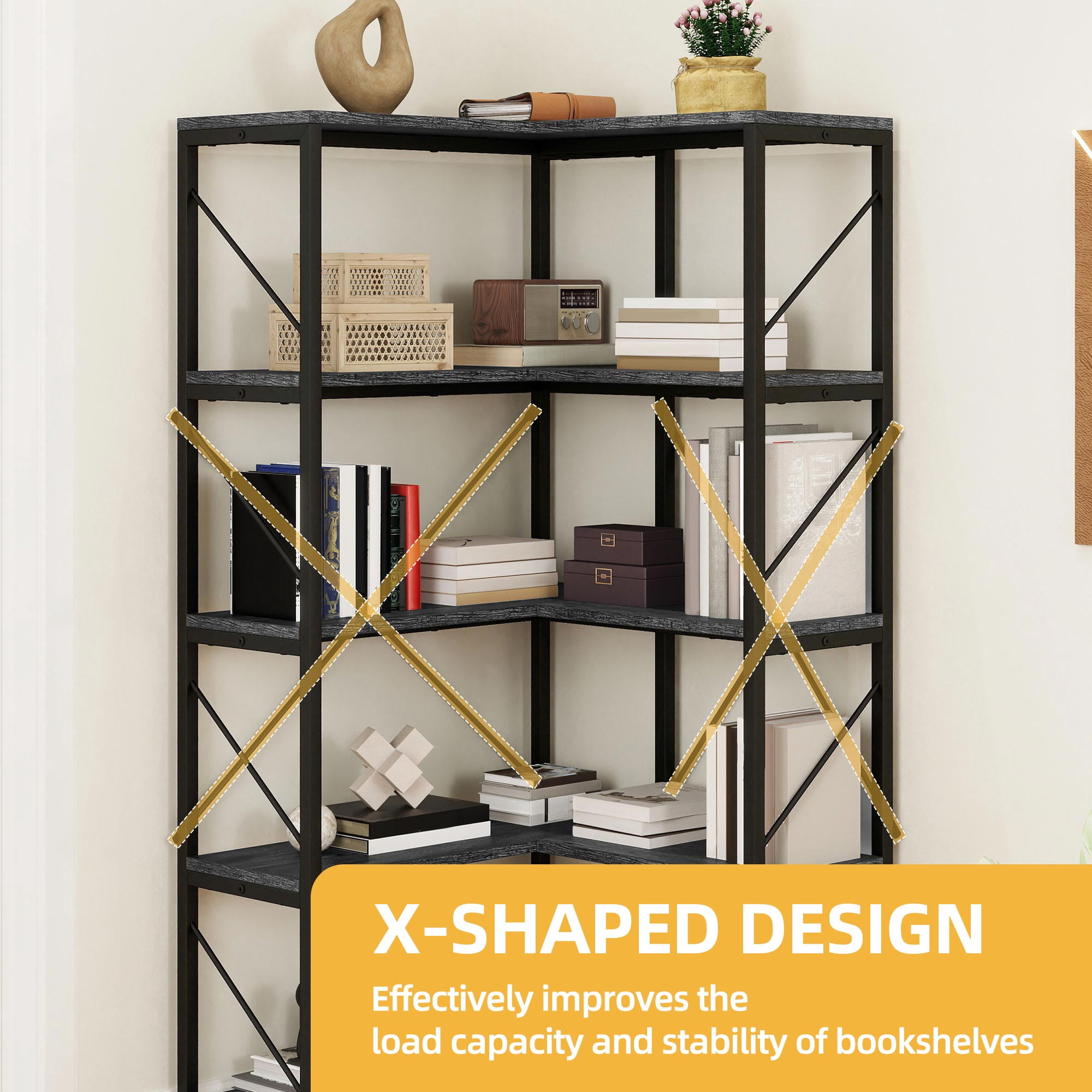 Uforic 5-Tier Corner Bookshelf, Corner Shelf Display Bookcase with Metal Frame for Home Office, Black