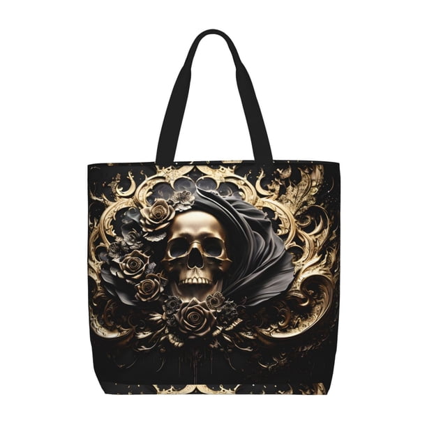 Easygdp Gold Rose Skull Bolsa Tote para Mujer, Bolso de Hombro para Trabajo, Playa, Viajes, Compras y Supermercado