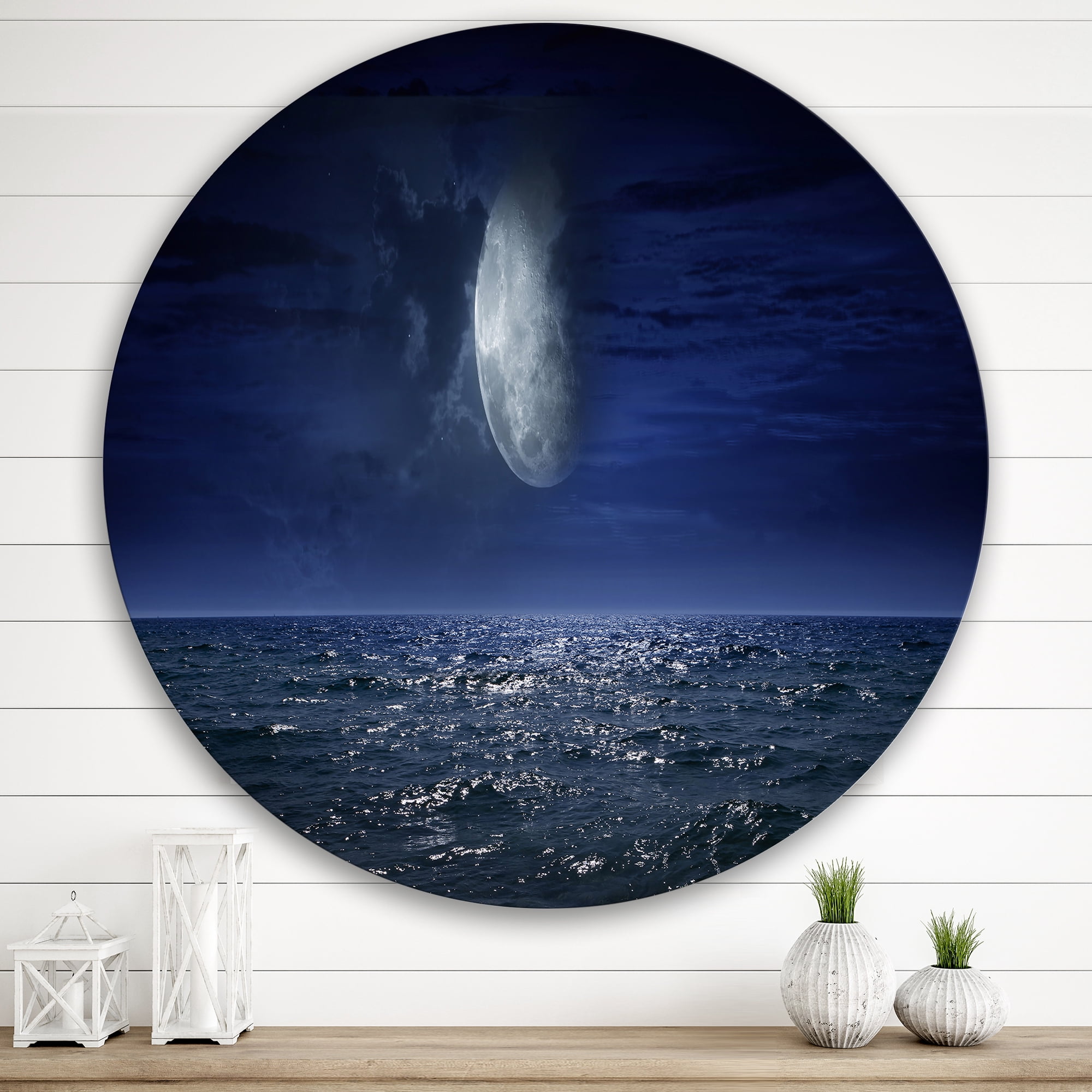 Designart 'Full Moon Night Over Dark Ocean' Nautical & Coastal Circle Metal Wall Art 36x36 - Disc of 36