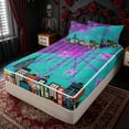 thumbnail image 2 of Erosebridal Neon Spider Web City Zipper Queen Comforter Set with Fitted Sheet and 2 Pillowcases for Boys Girl, Teal Purple Halloween Cartoon Town Zipper Bedding Set, Black Reversible, 4pcs, 2 of 7