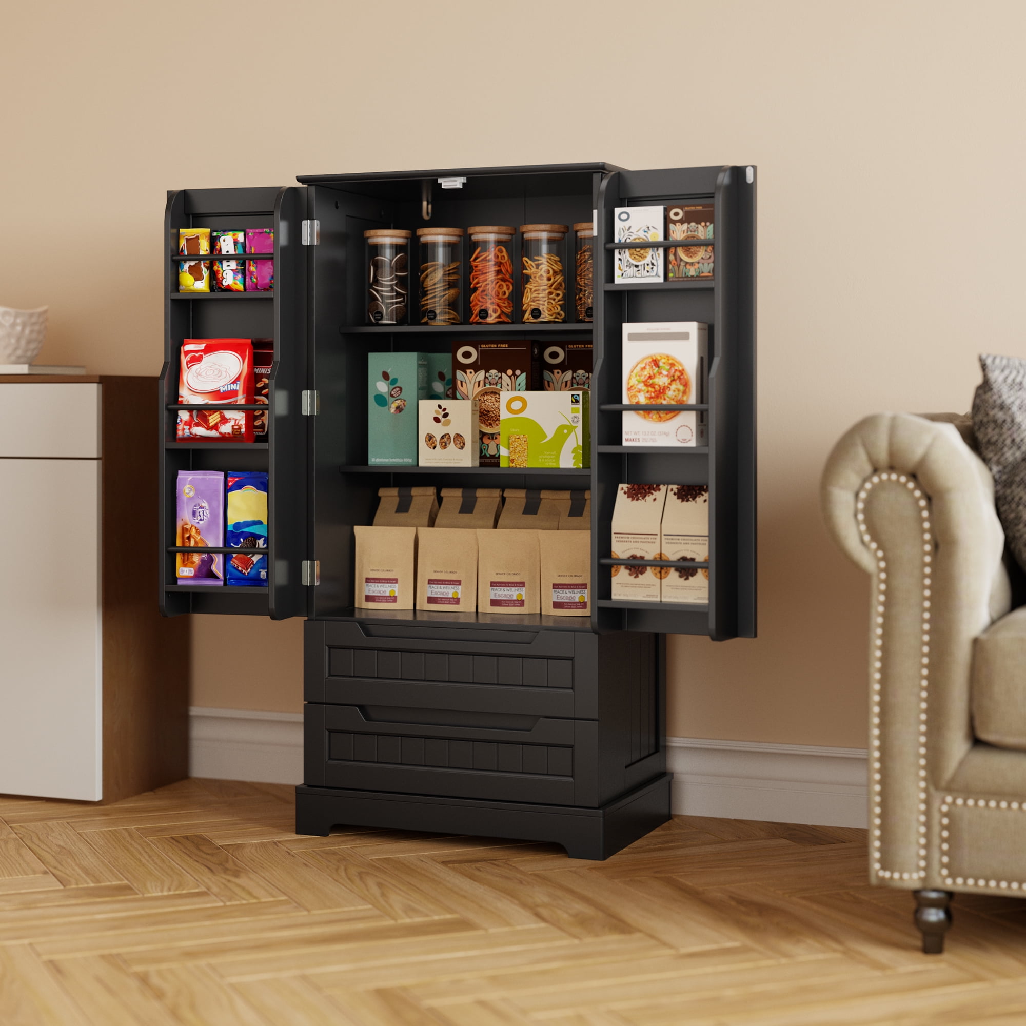 Pantry Cabinet Lofka 47" Kitchen Pantry Storage Cabinet with 2 Drawers, 8 Shelves and 2 Doors, Black