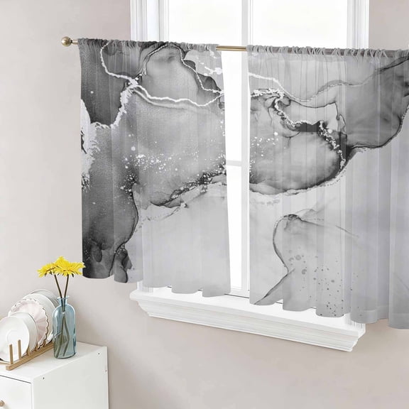 Sheer Curtains 45 Inch Length 2 Panels Set for Kitchen, Marble Grey Semi Sheer Curtains for Windows, Modern Abstract Ink Painting Luxury Voile Window Treatments Rod Pocket Curtain