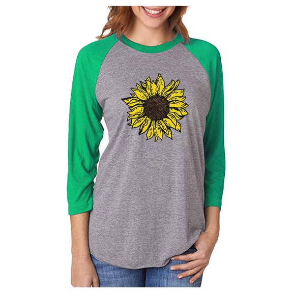 Tstars Sunflower Shirt for Women Girls: Cute & Casual Summer 3/4 Sleeve Baseball Jersey Shirt, Soft & Comfy Triblend T-Shirt with Sunflower Print Medium Green/Heather