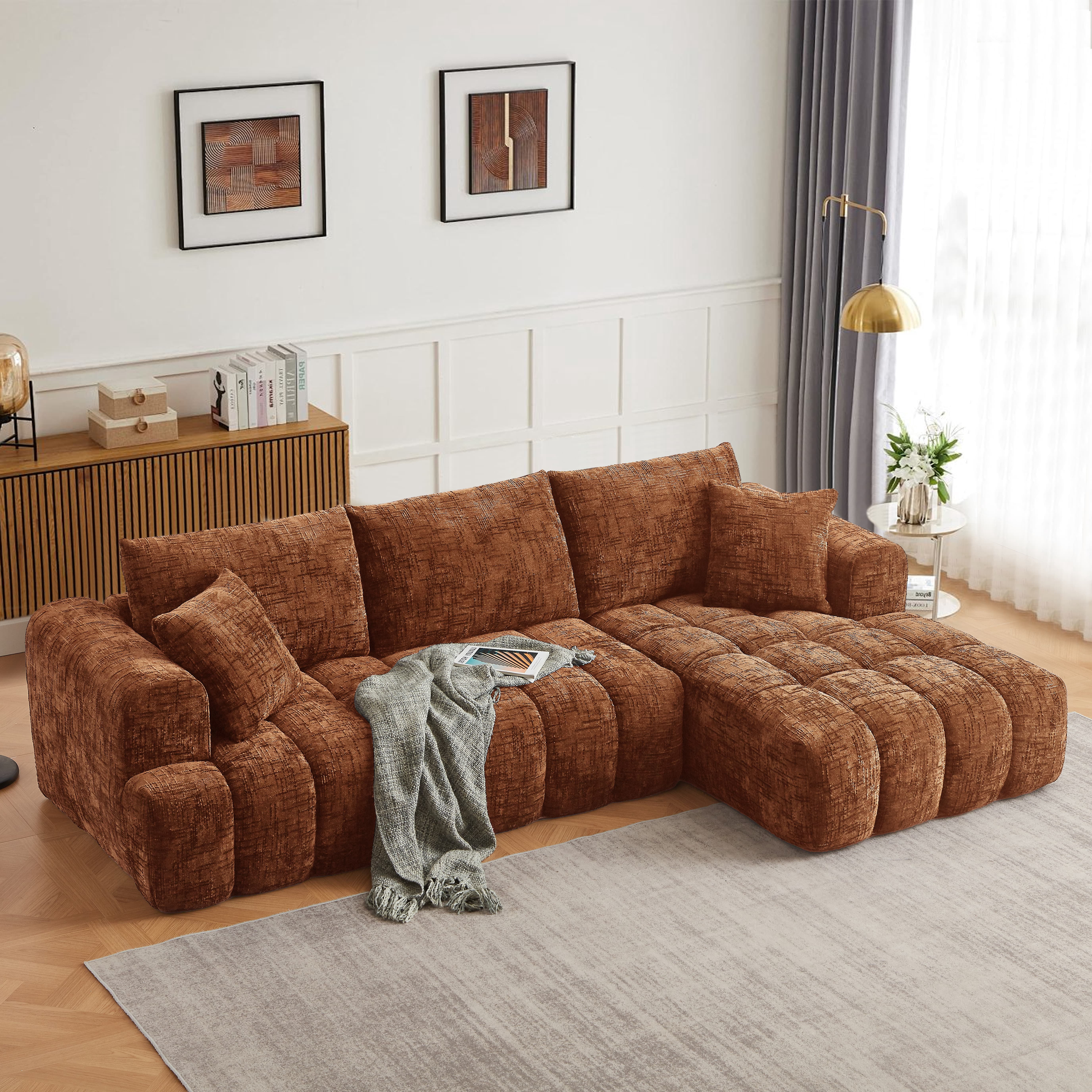 MAYEERTY 108.3" Orange Chenille L-Shaped Modular Sectional Sofa, Pocket Spring No Assembly Couch for Living Room Apartment