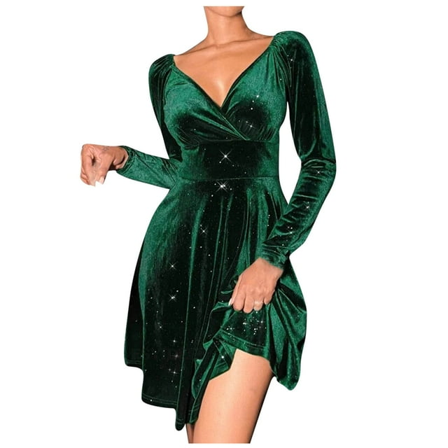 Vestidos Para Mujer Vestidos de Otoño Cuello en V Color Sólido Manga Larga Terciopelo Dorado Cintura Alta Vestido Formal Odeerbi ODB132300