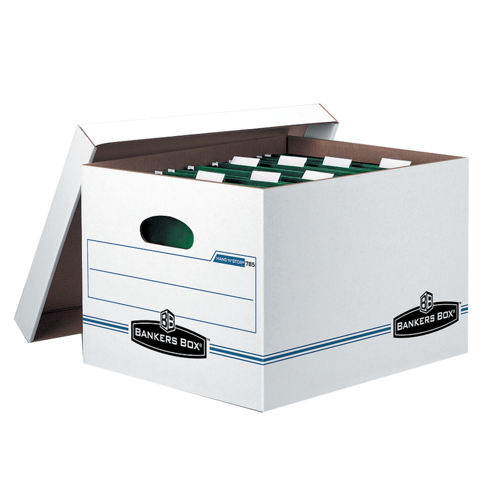 BANKERS BOX HANG'N'STOR STORAGE BOX LETTER/LEGAL LIFT-OFF LID WHITE/BLUE 4PK