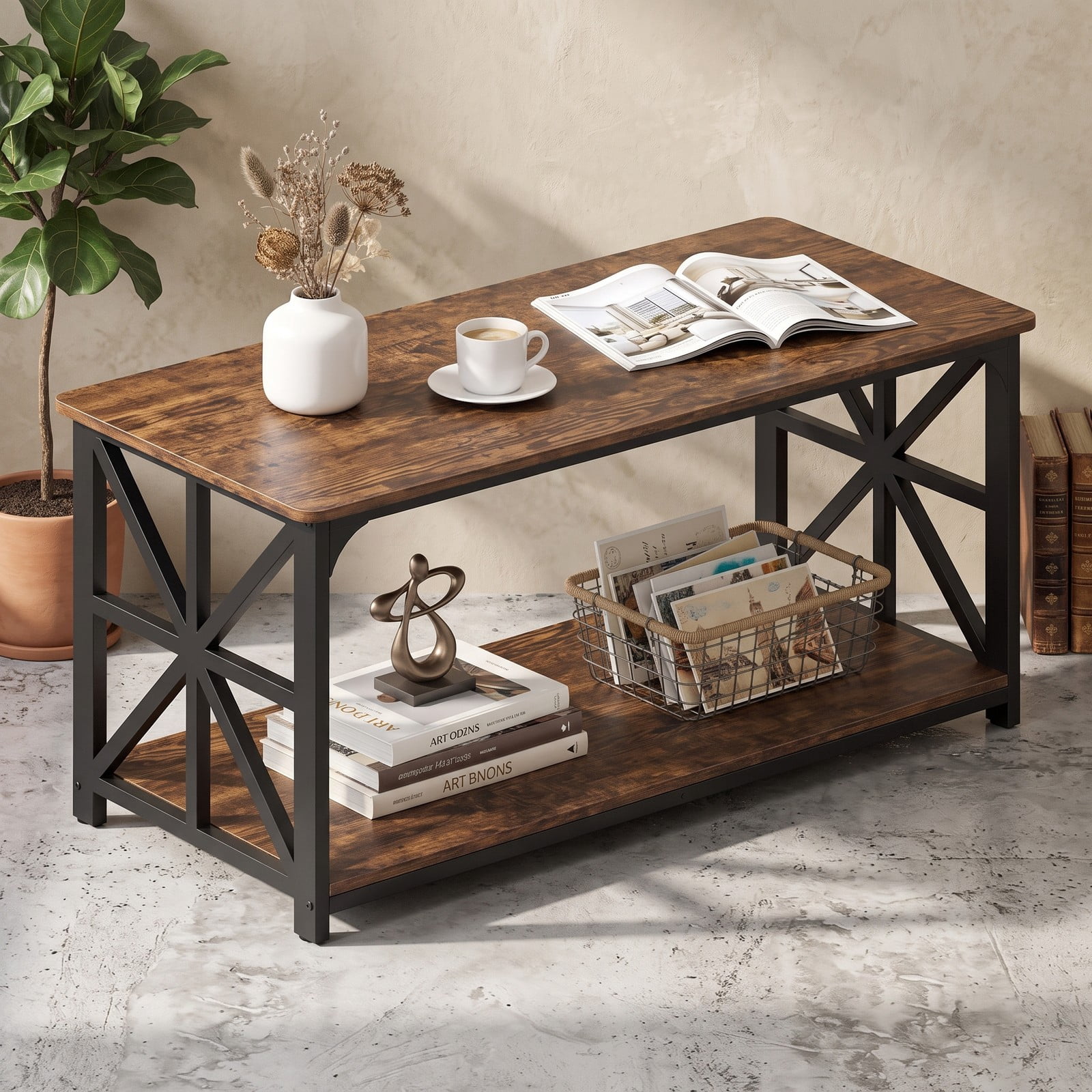 Furnibear 2-Tier Coffee Table with Storage Shelf, Rustic Farmhouse Center Cocktail Table, Wood Look Top with Carbon Steel Frame and X-Shaped, Rustic Brown & Black